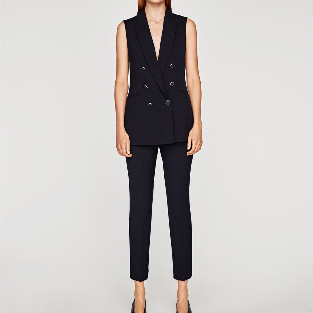 NWT Zara Navy Long Double Breasted Waistcoat Vest - Picture 2 of 8